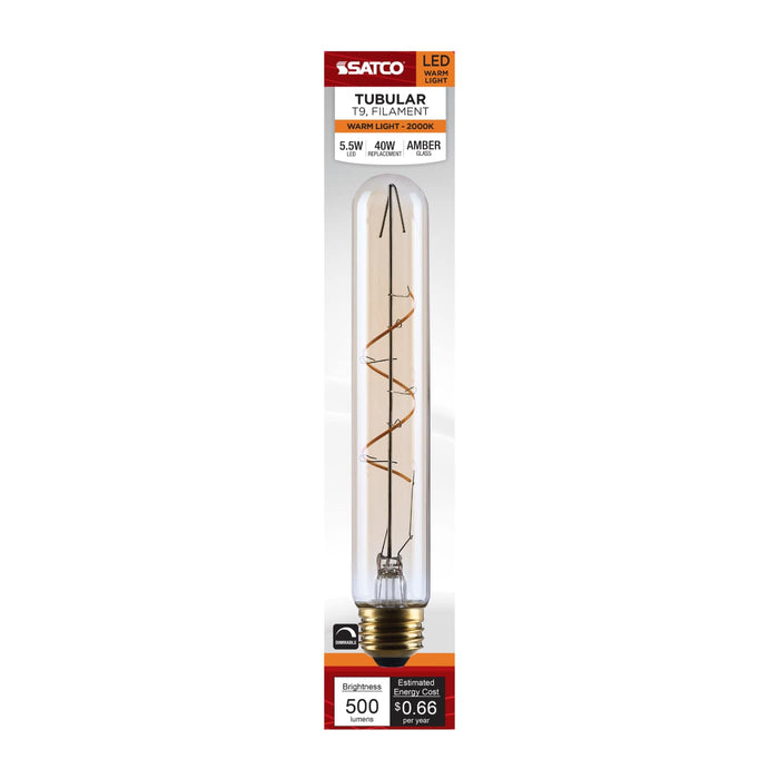 SATCO/NUVO 5.5W LED T9 Medium E26 Base 2000K 500Lm Clear Glass Amber Coil Filament Dimmable 90 CRI 120V (S14230)