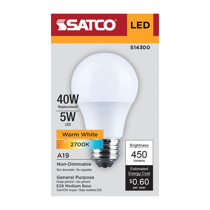 SATCO/NUVO 5W LED A19 Medium E26 Base 2700K 450Lm Plastic 80 CRI 120V 1-Pack (S14300)