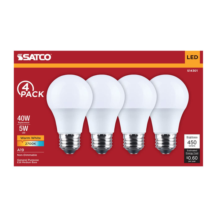 SATCO/NUVO 5W LED A19 Medium E26 Base 2700K 450Lm Plastic 80 CRI 120V 4-Pack (S14301)