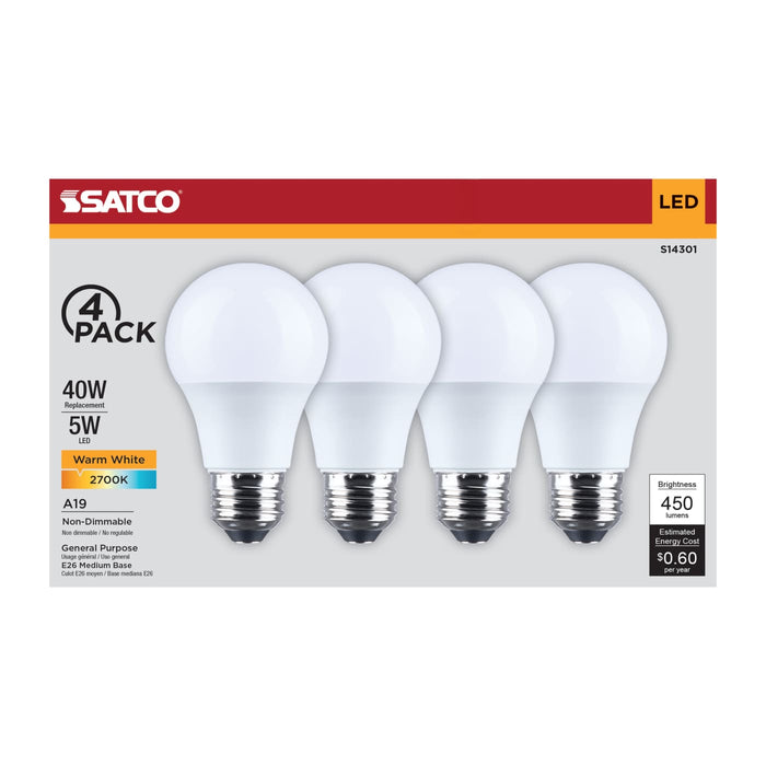SATCO/NUVO 5W LED A19 Medium E26 Base 2700K 450Lm Plastic 80 CRI 120V 4-Pack (S14301)