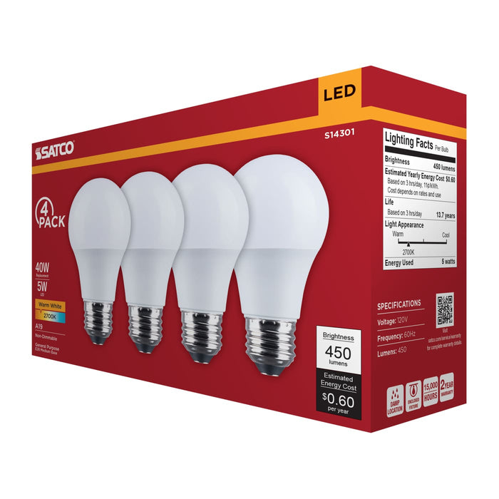 SATCO/NUVO 5W LED A19 Medium E26 Base 2700K 450Lm Plastic 80 CRI 120V 4-Pack (S14301)