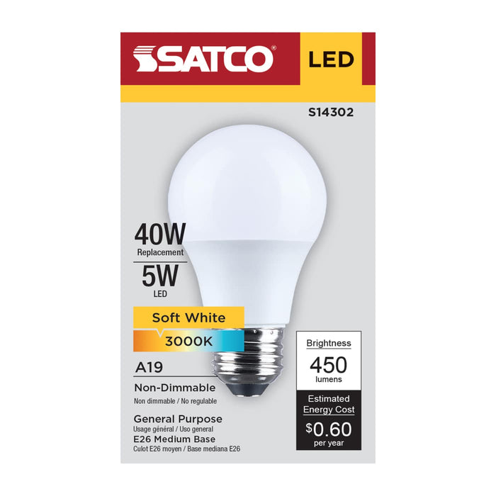 SATCO/NUVO 5W LED A19 Medium E26 Base 3000K 450Lm Plastic 80 CRI 120V 1-Pack (S14302)