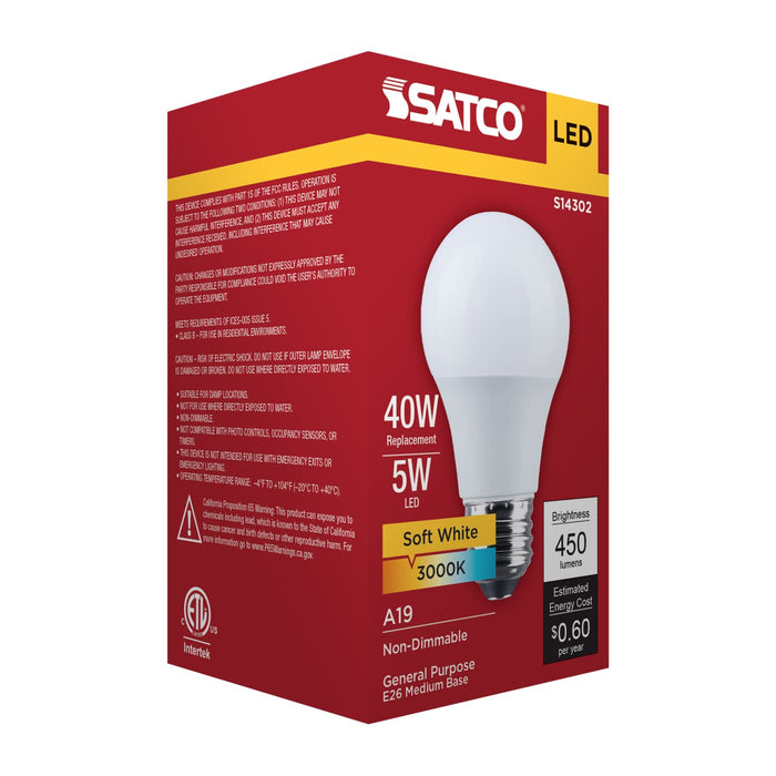 SATCO/NUVO 5W LED A19 Medium E26 Base 3000K 450Lm Plastic 80 CRI 120V 1-Pack (S14302)