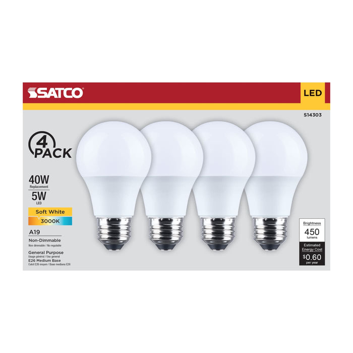 SATCO/NUVO 5W LED A19 Medium E26 Base 3000K 450Lm Plastic 80 CRI 120V 4-Pack (S14303)
