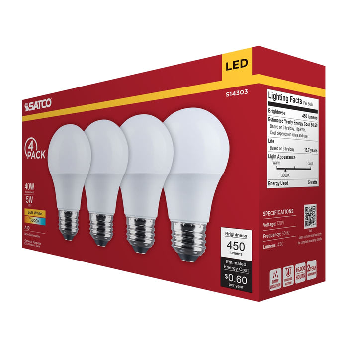 SATCO/NUVO 5W LED A19 Medium E26 Base 3000K 450Lm Plastic 80 CRI 120V 4-Pack (S14303)