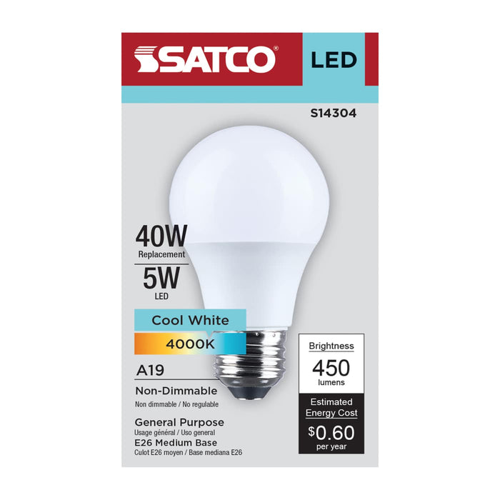 SATCO/NUVO 5W LED A19 Medium E26 Base 4000K 450Lm Plastic 80 CRI 120V 1-Pack (S14304)