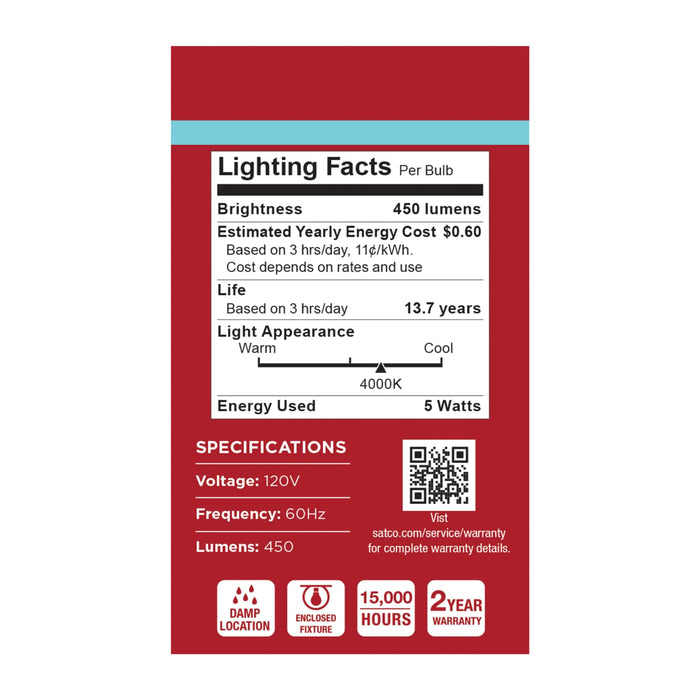 SATCO/NUVO 5W LED A19 Medium E26 Base 4000K 450Lm Plastic 80 CRI 120V 1-Pack (S14304)