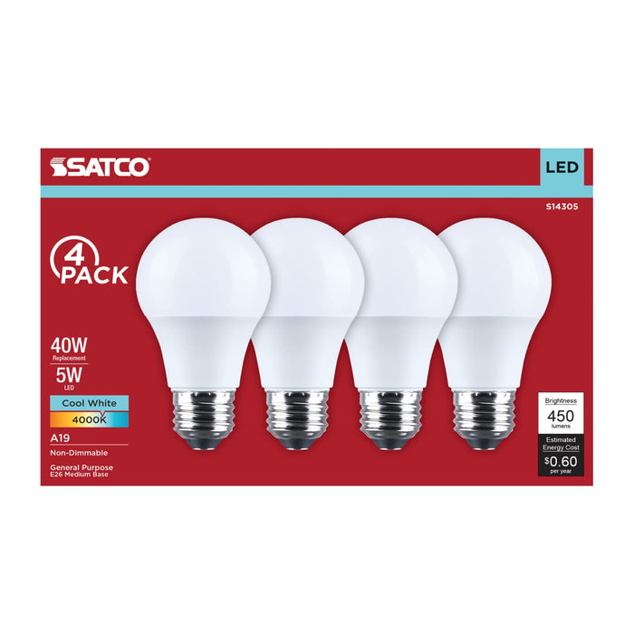 SATCO/NUVO 5W LED A19 Medium E26 Base 4000K 450Lm Plastic 80 CRI 120V 4-Pack (S14305)