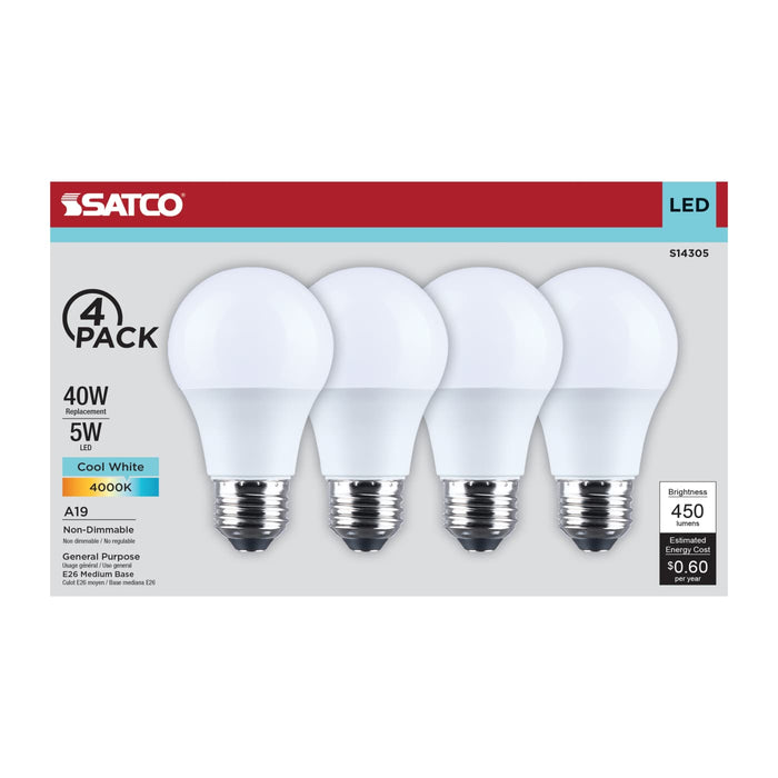 SATCO/NUVO 5W LED A19 Medium E26 Base 4000K 450Lm Plastic 80 CRI 120V 4-Pack (S14305)
