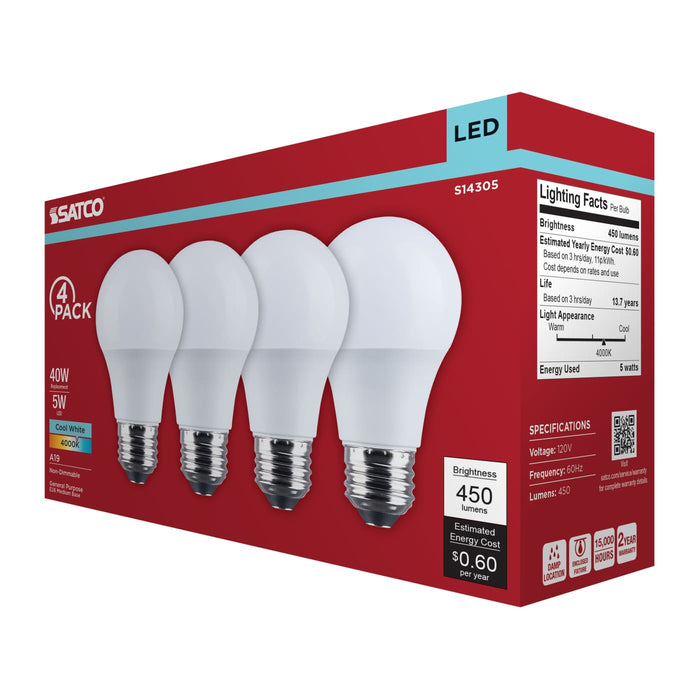 SATCO/NUVO 5W LED A19 Medium E26 Base 4000K 450Lm Plastic 80 CRI 120V 4-Pack (S14305)