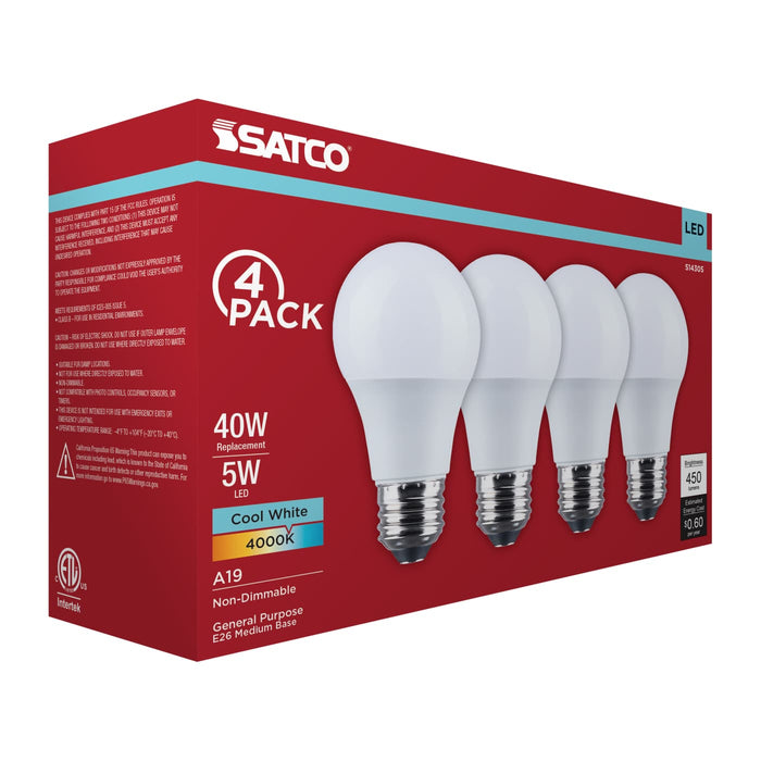 SATCO/NUVO 5W LED A19 Medium E26 Base 4000K 450Lm Plastic 80 CRI 120V 4-Pack (S14305)