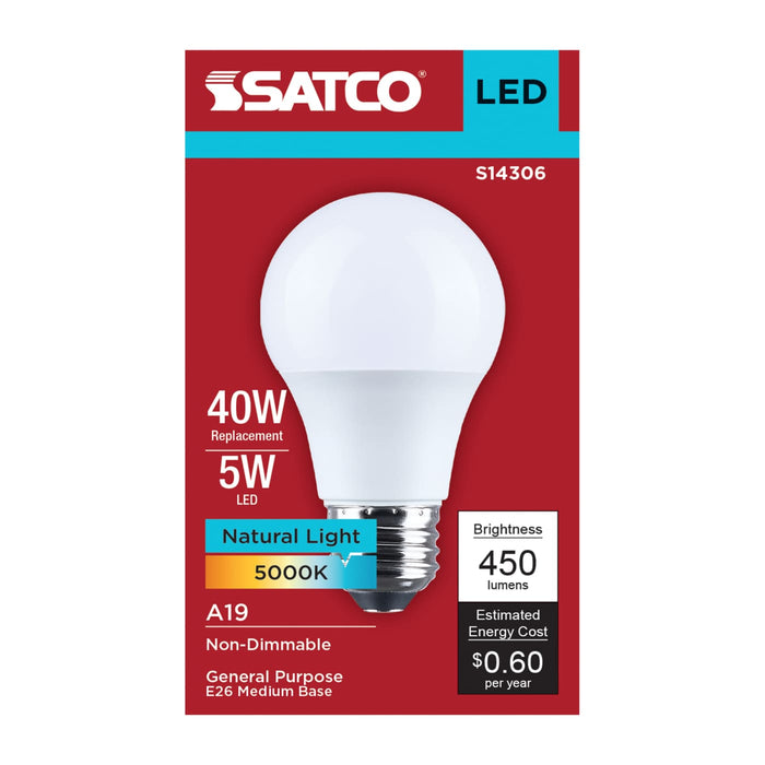 SATCO/NUVO 5W LED A19 Medium E26 Base 5000K 450Lm Plastic 80 CRI 120V 1-Pack (S14306)
