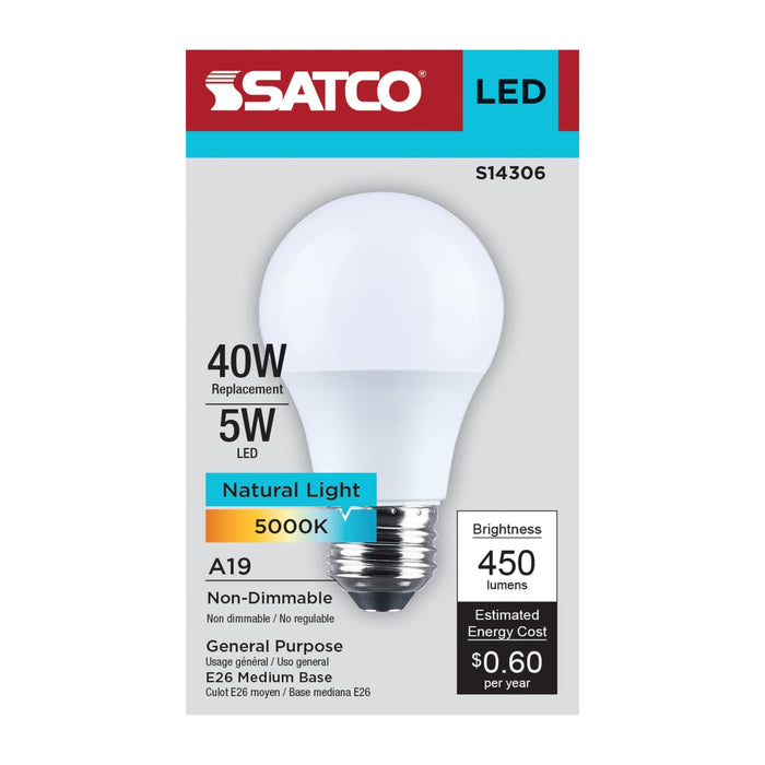 SATCO/NUVO 5W LED A19 Medium E26 Base 5000K 450Lm Plastic 80 CRI 120V 1-Pack (S14306)