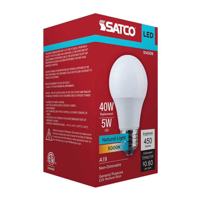 SATCO/NUVO 5W LED A19 Medium E26 Base 5000K 450Lm Plastic 80 CRI 120V 1-Pack (S14306)