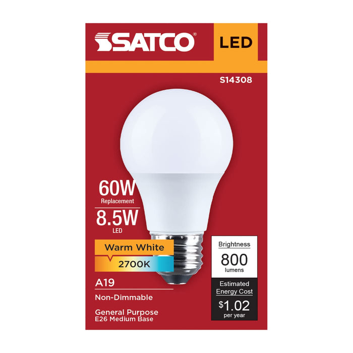 SATCO/NUVO 8.5W LED A19 Medium E26 Base 2700K 800Lm Plastic 80 CRI 120V 1-Pack (S14308)