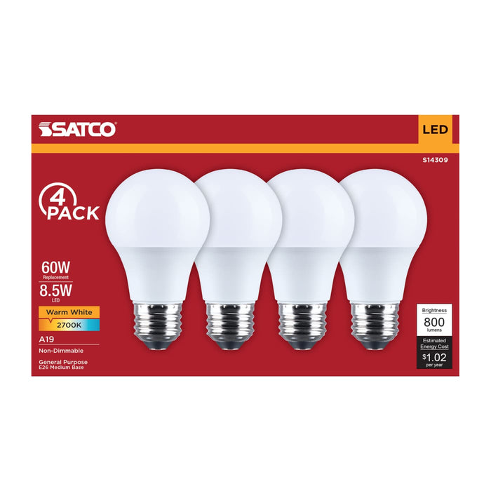 SATCO/NUVO 8.5W LED A19 Medium E26 Base 2700K 800Lm Plastic 80 CRI 120V 4-Pack (S14309)