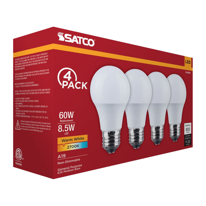SATCO/NUVO 8.5W LED A19 Medium E26 Base 2700K 800Lm Plastic 80 CRI 120V 4-Pack (S14309)