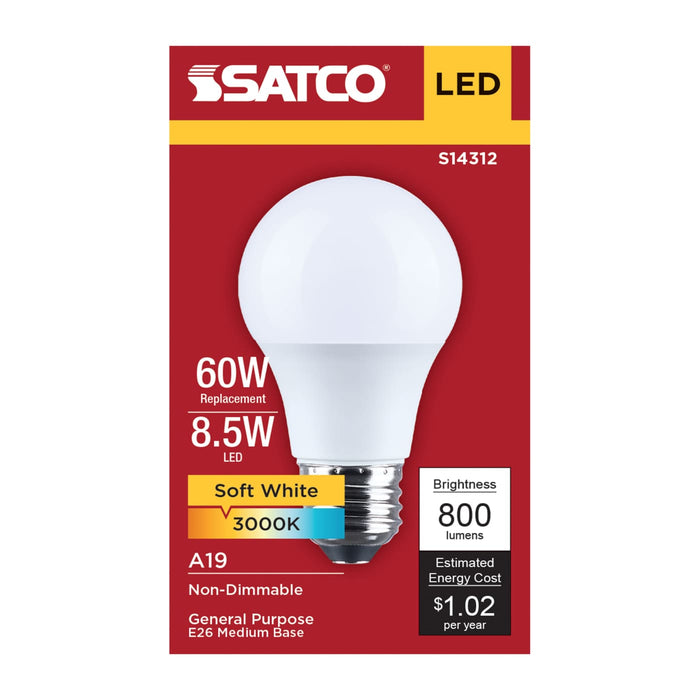 SATCO/NUVO 8.5W LED A19 Medium E26 Base 3000K 800Lm Plastic 80 CRI 120V 1-Pack (S14312)