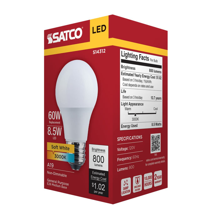 SATCO/NUVO 8.5W LED A19 Medium E26 Base 3000K 800Lm Plastic 80 CRI 120V 1-Pack (S14312)