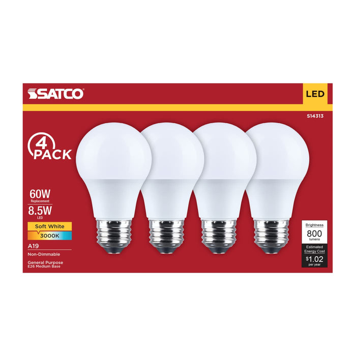 SATCO/NUVO 8.5W LED A19 Medium E26 Base 3000K 800Lm Plastic 80 CRI 120V 4-Pack (S14313)