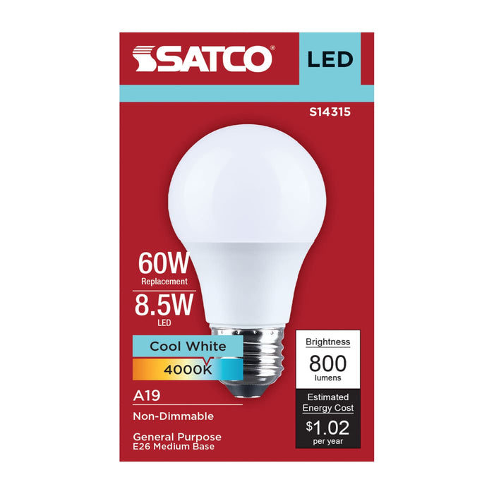 SATCO/NUVO 8.5W LED A19 Medium E26 Base 4000K 800Lm Plastic 80 CRI 120V 1-Pack (S14315)
