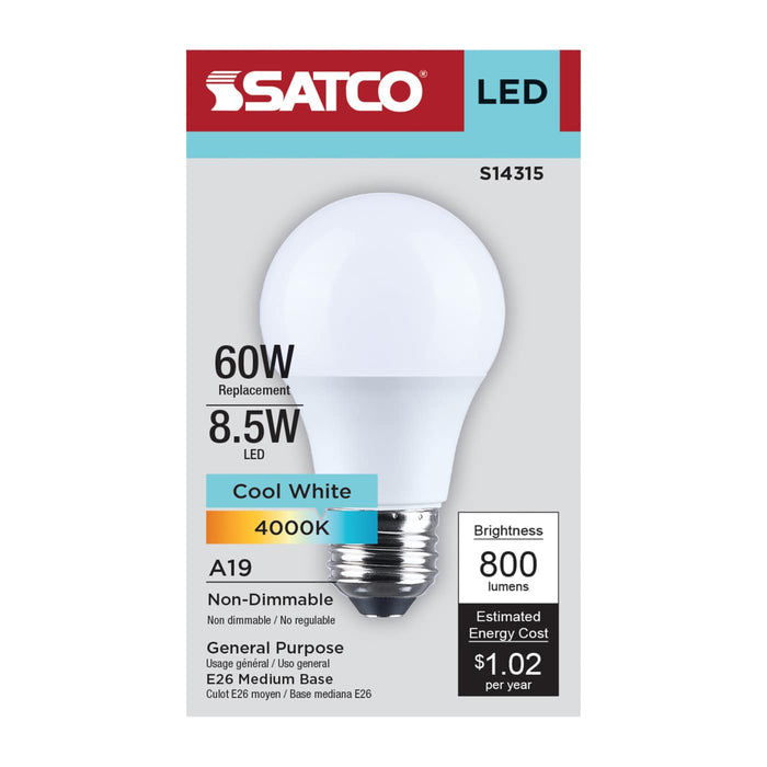 SATCO/NUVO 8.5W LED A19 Medium E26 Base 4000K 800Lm Plastic 80 CRI 120V 1-Pack (S14315)