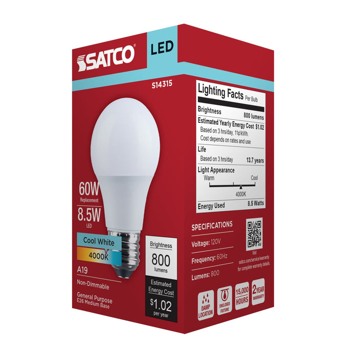 SATCO/NUVO 8.5W LED A19 Medium E26 Base 4000K 800Lm Plastic 80 CRI 120V 1-Pack (S14315)