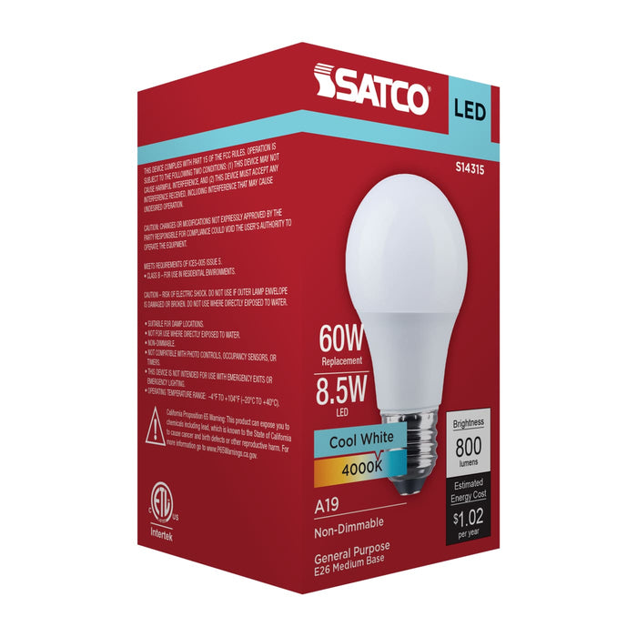 SATCO/NUVO 8.5W LED A19 Medium E26 Base 4000K 800Lm Plastic 80 CRI 120V 1-Pack (S14315)
