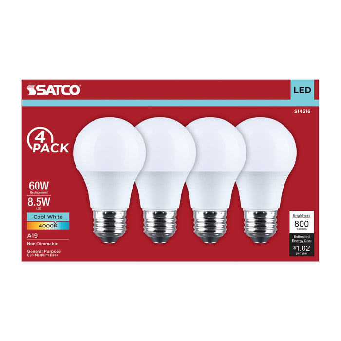 SATCO/NUVO 8.5W LED A19 Medium E26 Base 4000K 800Lm Plastic 80 CRI 120V 4-Pack (S14316)