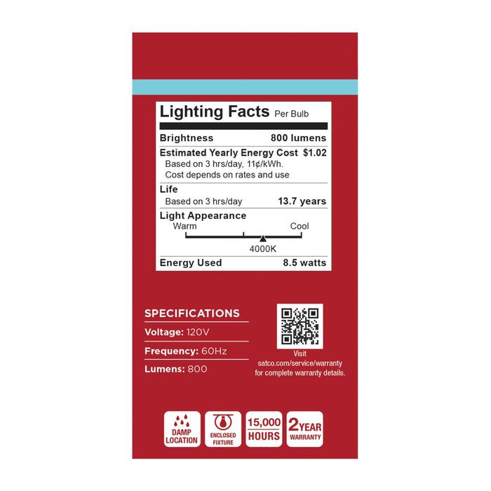 SATCO/NUVO 8.5W LED A19 Medium E26 Base 4000K 800Lm Plastic 80 CRI 120V 4-Pack (S14316)