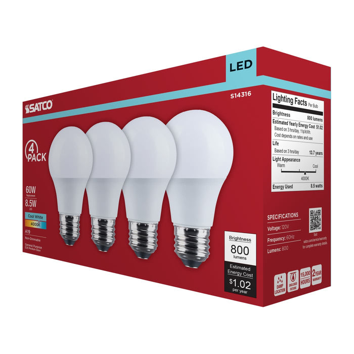 SATCO/NUVO 8.5W LED A19 Medium E26 Base 4000K 800Lm Plastic 80 CRI 120V 4-Pack (S14316)