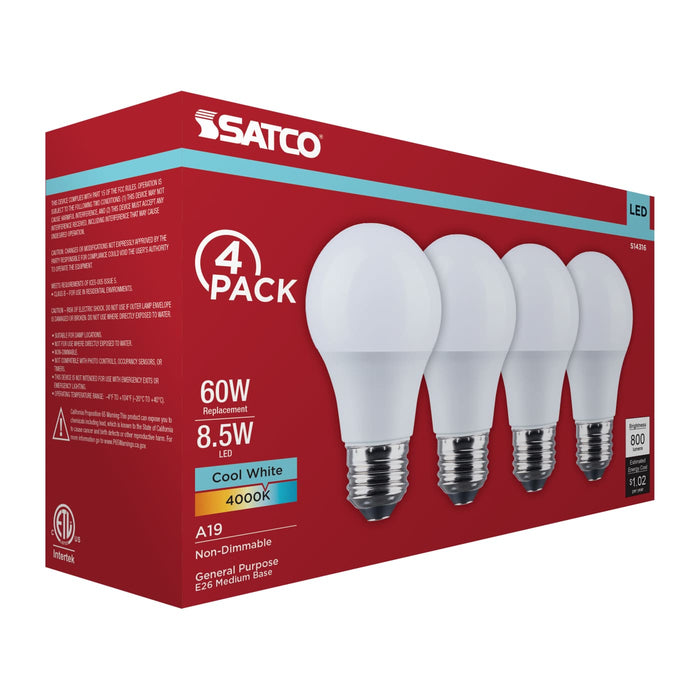 SATCO/NUVO 8.5W LED A19 Medium E26 Base 4000K 800Lm Plastic 80 CRI 120V 4-Pack (S14316)