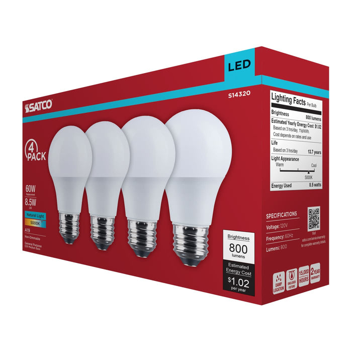 SATCO/NUVO 8.5W LED A19 Medium E26 Base 5000K 800Lm Plastic 80 CRI 120V 4-Pack (S14320)