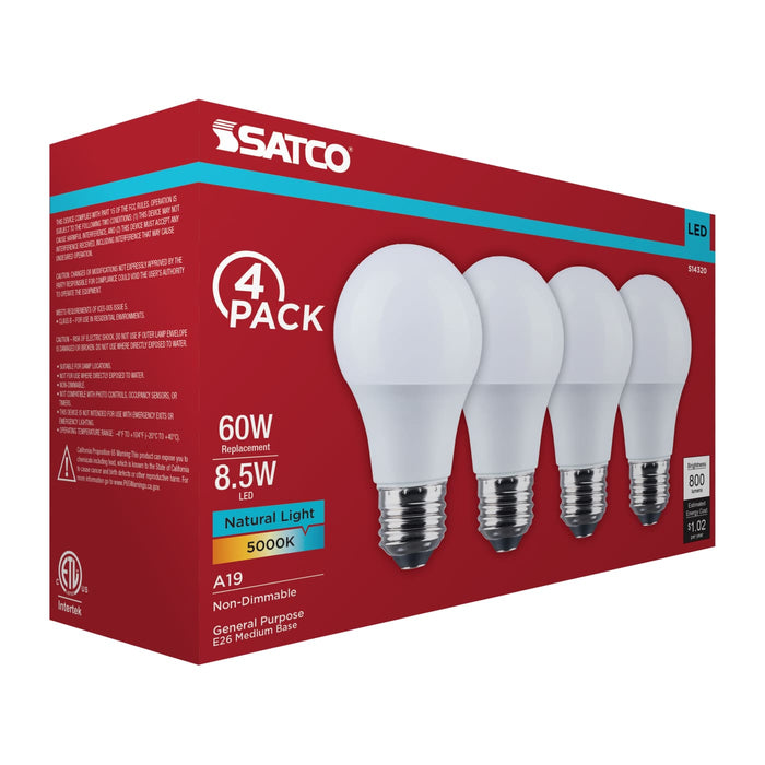 SATCO/NUVO 8.5W LED A19 Medium E26 Base 5000K 800Lm Plastic 80 CRI 120V 4-Pack (S14320)