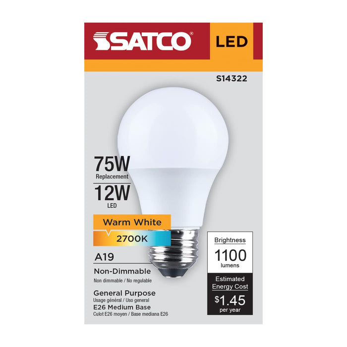 SATCO/NUVO 12W LED A19 Medium E26 Base 2700K 1100Lm Plastic 80 CRI 120V 1-Pack (S14322)