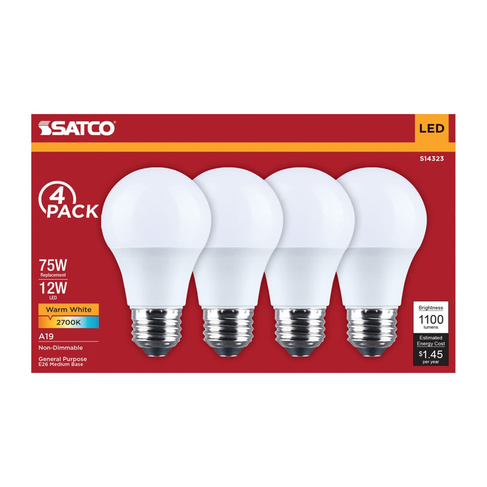 SATCO/NUVO 12W LED A19 Medium E26 Base 2700K 1100Lm Plastic 80 CRI 120V 4-Pack (S14323)