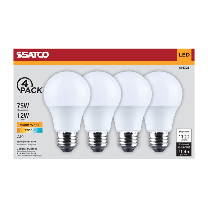 SATCO/NUVO 12W LED A19 Medium E26 Base 2700K 1100Lm Plastic 80 CRI 120V 4-Pack (S14323)