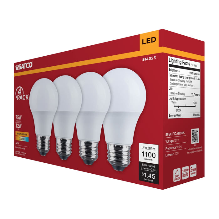 SATCO/NUVO 12W LED A19 Medium E26 Base 2700K 1100Lm Plastic 80 CRI 120V 4-Pack (S14323)