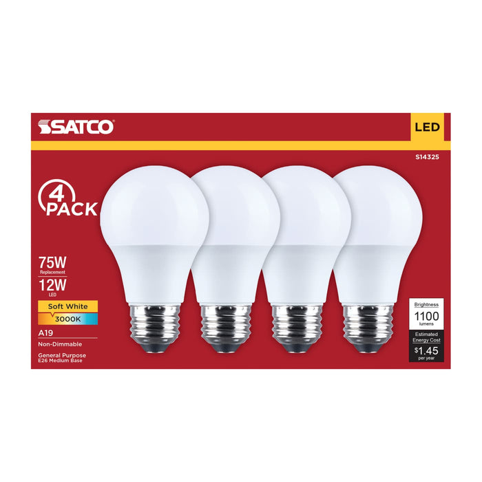 SATCO/NUVO 12W LED A19 Medium E26 Base 3000K 1100Lm Plastic 80 CRI 120V 4-Pack (S14325)
