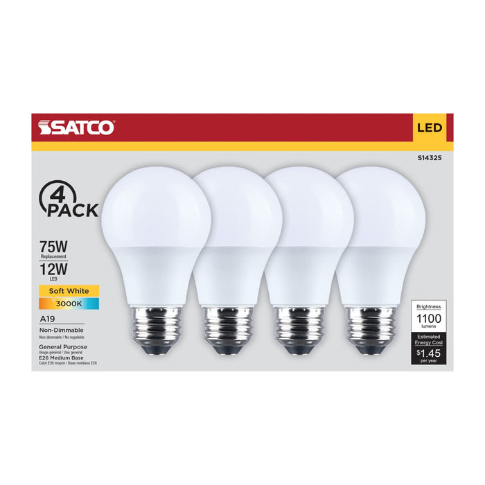 SATCO/NUVO 12W LED A19 Medium E26 Base 3000K 1100Lm Plastic 80 CRI 120V 4-Pack (S14325)
