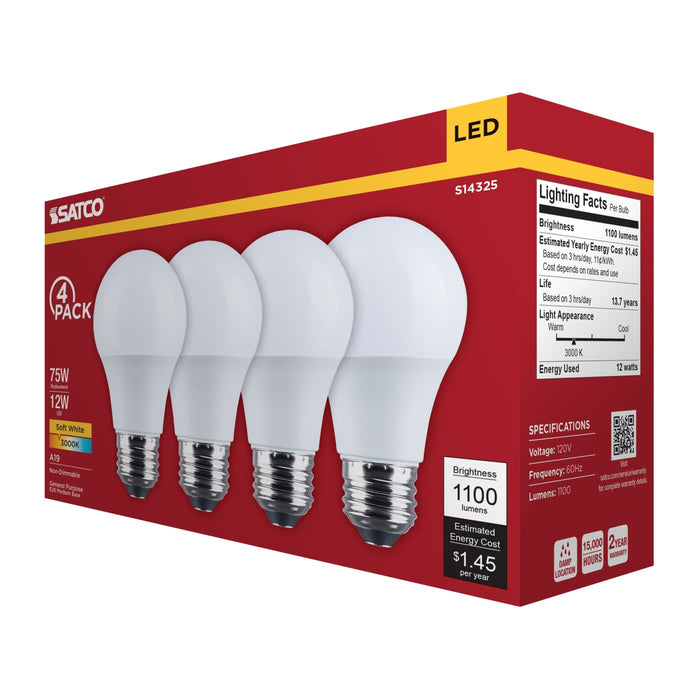 SATCO/NUVO 12W LED A19 Medium E26 Base 3000K 1100Lm Plastic 80 CRI 120V 4-Pack (S14325)