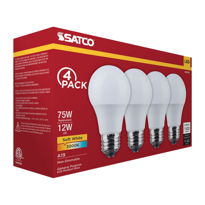 SATCO/NUVO 12W LED A19 Medium E26 Base 3000K 1100Lm Plastic 80 CRI 120V 4-Pack (S14325)