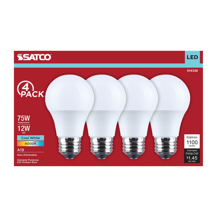 SATCO/NUVO 12W LED A19 Medium E26 Base 4000K 1100Lm Plastic 80 CRI 120V 4-Pack (S14328)