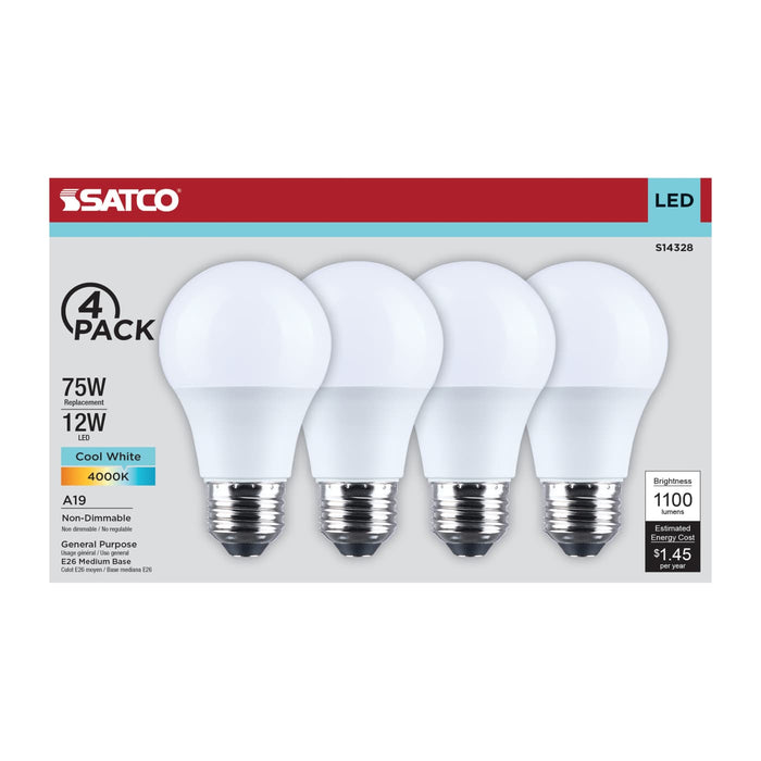 SATCO/NUVO 12W LED A19 Medium E26 Base 4000K 1100Lm Plastic 80 CRI 120V 4-Pack (S14328)