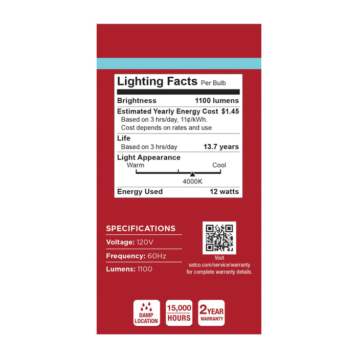 SATCO/NUVO 12W LED A19 Medium E26 Base 4000K 1100Lm Plastic 80 CRI 120V 4-Pack (S14328)