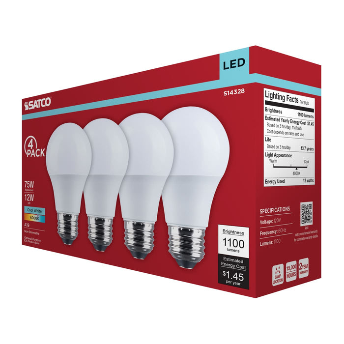 SATCO/NUVO 12W LED A19 Medium E26 Base 4000K 1100Lm Plastic 80 CRI 120V 4-Pack (S14328)