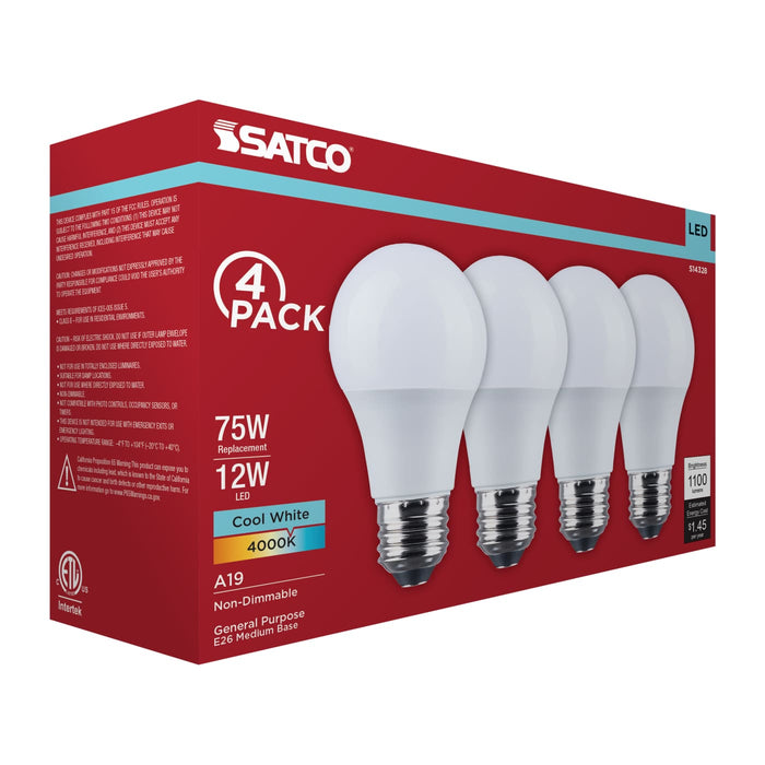 SATCO/NUVO 12W LED A19 Medium E26 Base 4000K 1100Lm Plastic 80 CRI 120V 4-Pack (S14328)