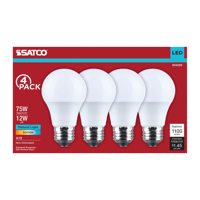 SATCO/NUVO 12W LED A19 Medium E26 Base 5000K 1100Lm Plastic 80 CRI 120V 4-Pack (S14330)