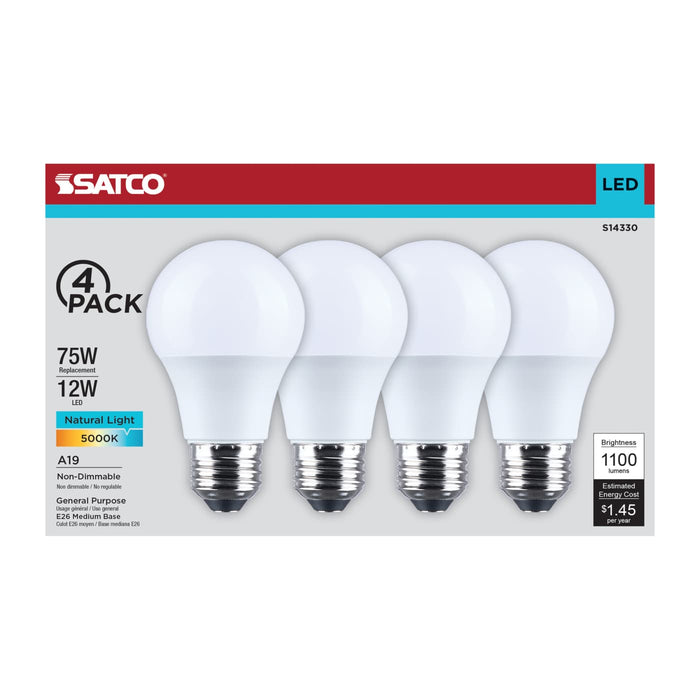 SATCO/NUVO 12W LED A19 Medium E26 Base 5000K 1100Lm Plastic 80 CRI 120V 4-Pack (S14330)
