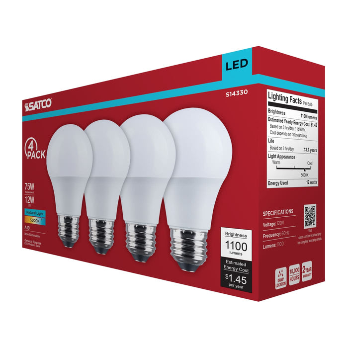 SATCO/NUVO 12W LED A19 Medium E26 Base 5000K 1100Lm Plastic 80 CRI 120V 4-Pack (S14330)